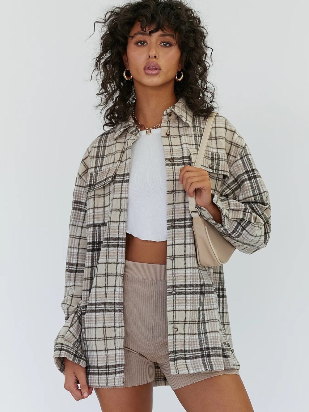 Princess Polly Plaid Button Front Jacket in Brown & White Size 10 Like New